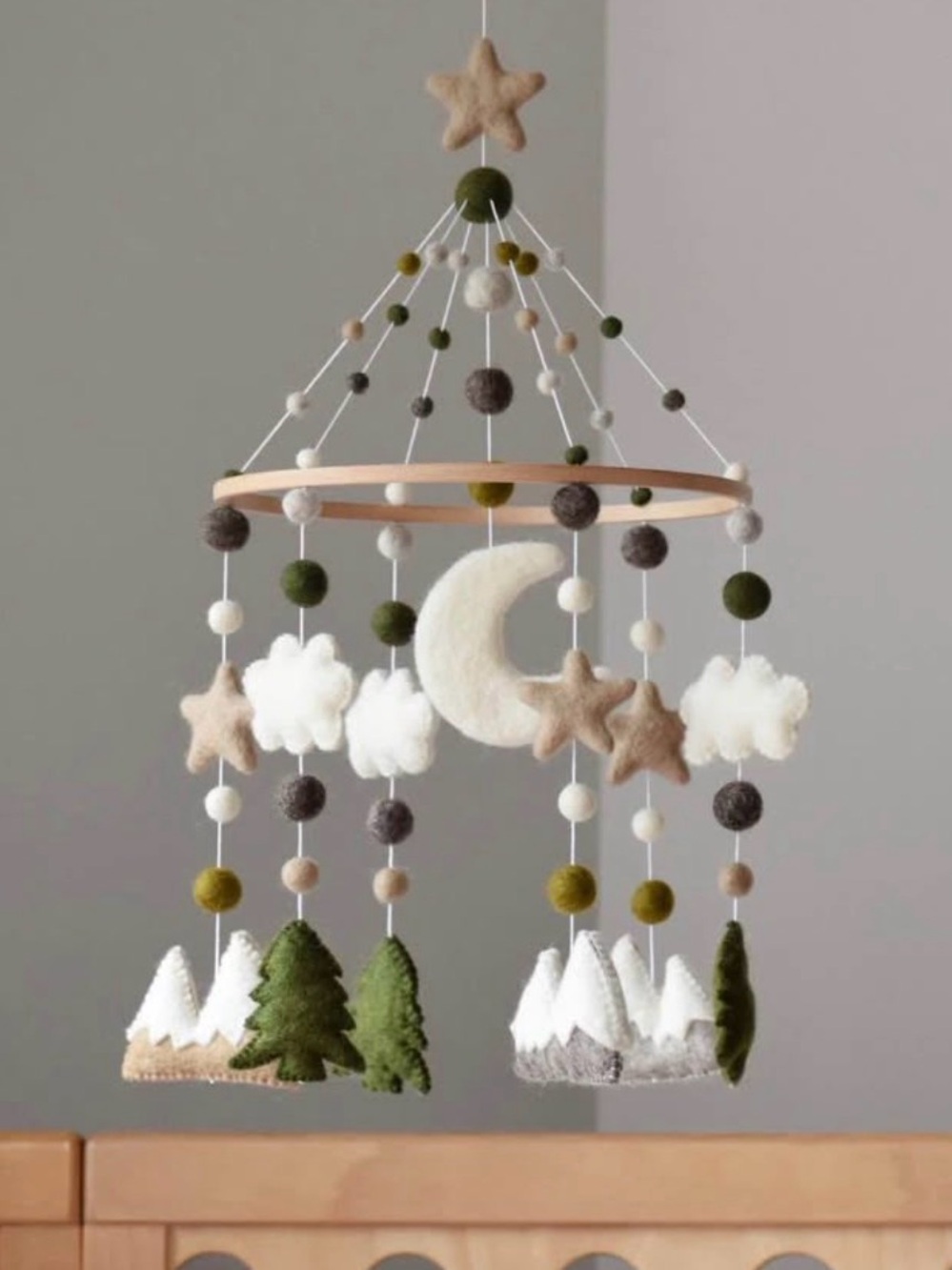 Neutral Woodland Felt Baby Mobile with Moon & Trees